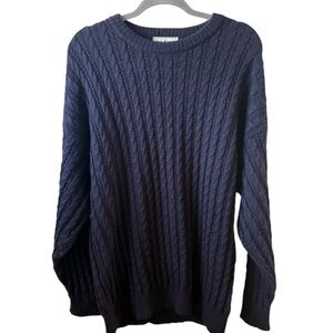 LL Bean Mens Fisherman Sweater L Navy Blue Cable Knit Ireland 100% Worsted Wool